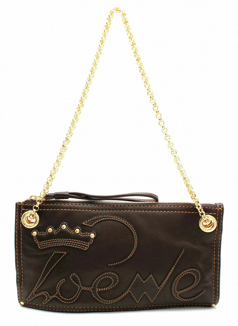 Loewe Shoulder Bag Chain Leather Dark Brown Gold